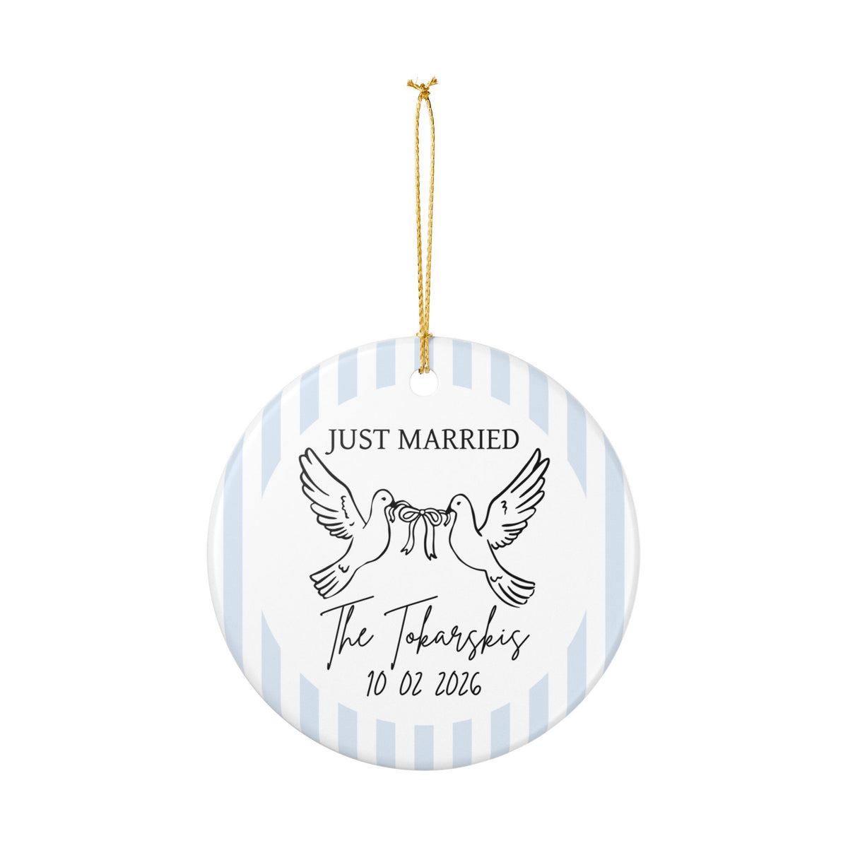Just Married Personalized Ornament – Doves & Blue Stripes