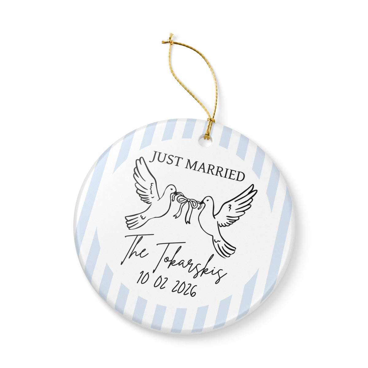 Just Married Personalized Ornament – Doves & Blue Stripes