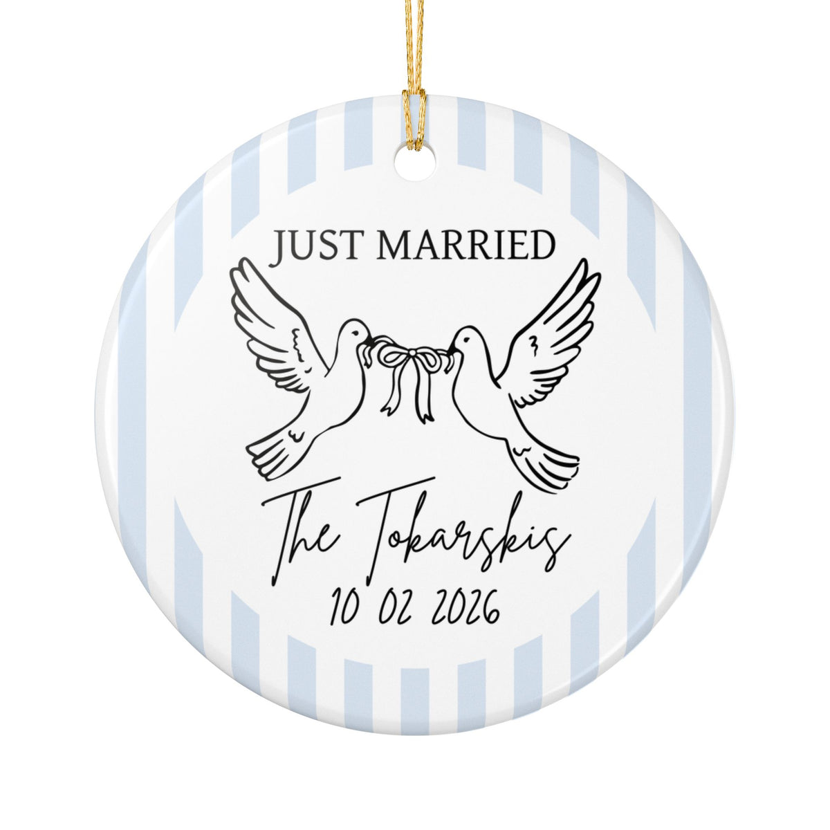 Just Married Personalized Ornament – Doves & Blue Stripes