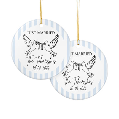Just Married Personalized Ornament – Doves & Blue Stripes