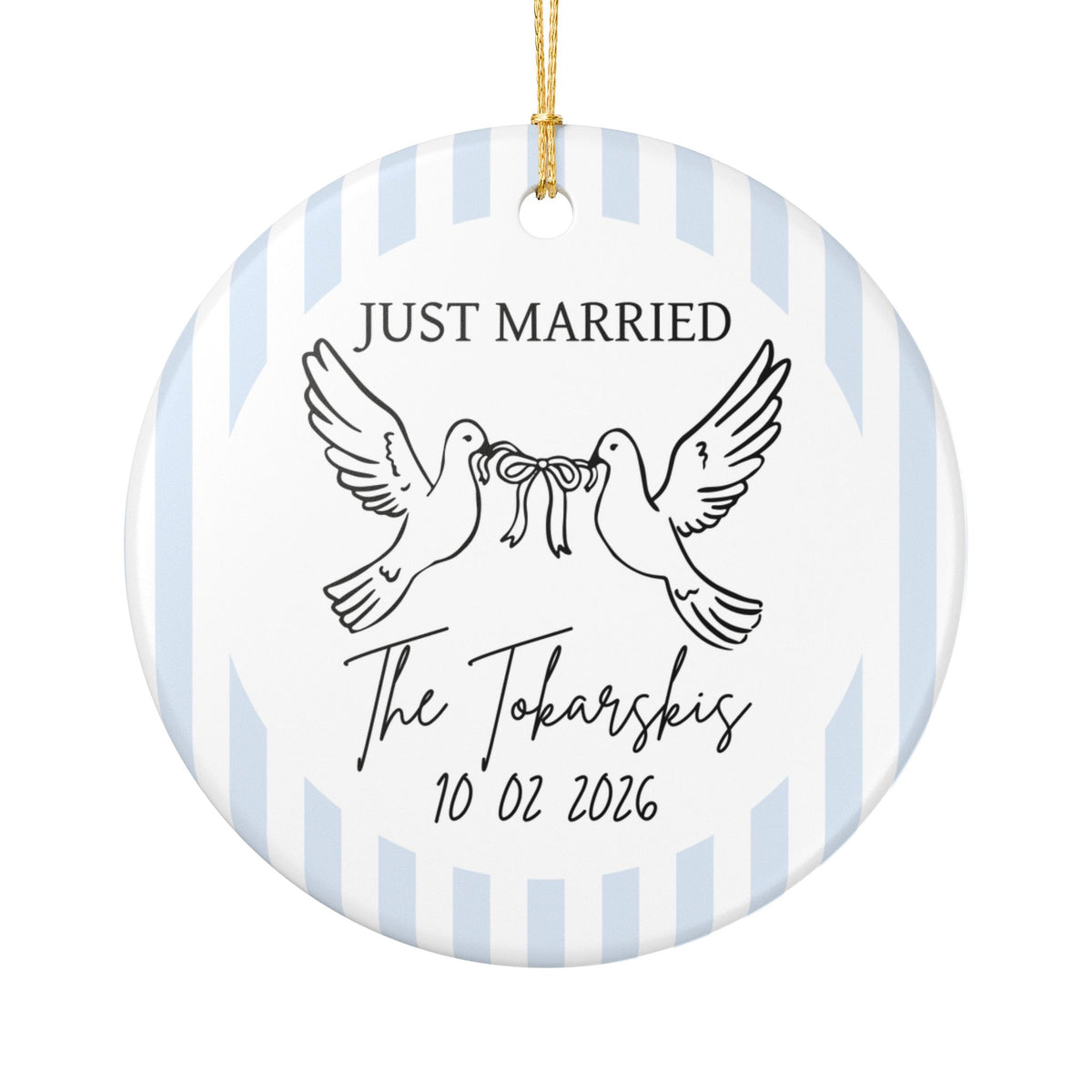 Just Married Personalized Ornament – Doves & Blue Stripes