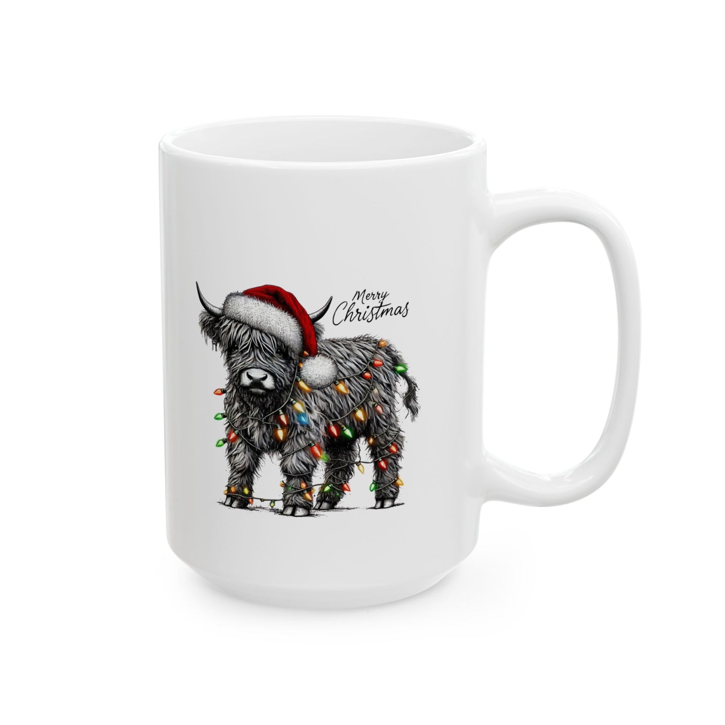 Merry Christmas Highland Cow Ceramic Mug, (11oz, 15oz)