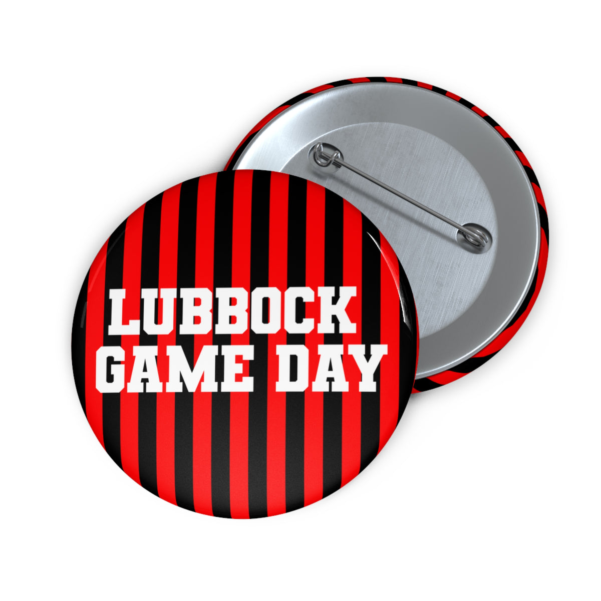 Game Day Pin Button — "Lubbock Game Day" Red & Black Striped Team Button