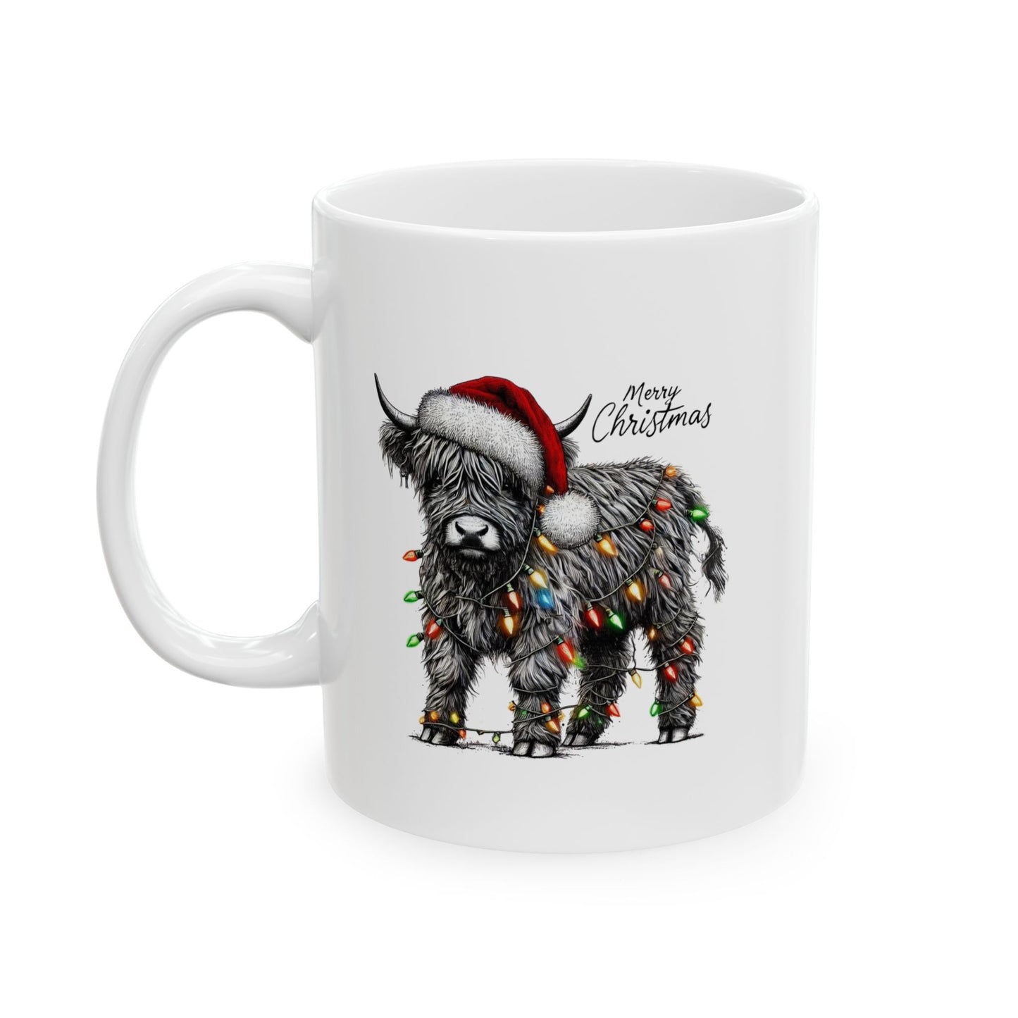 Merry Christmas Highland Cow Ceramic Mug, (11oz, 15oz)