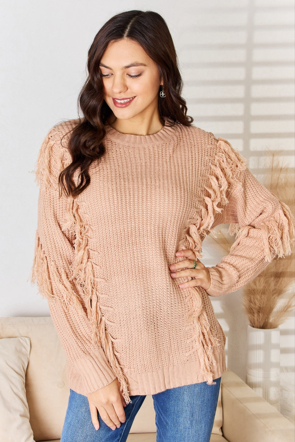 Dusty Pink Tassel Detail Long Sleeve Sweater