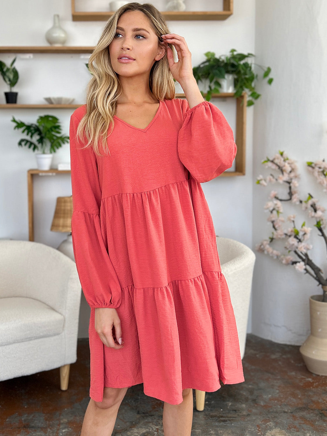 Double Take V-Neck Balloon Sleeve Tiered Dress with Pockets