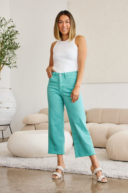 Island Green Crop Chloe Tummy Control High Waist Raw Hem Jeans