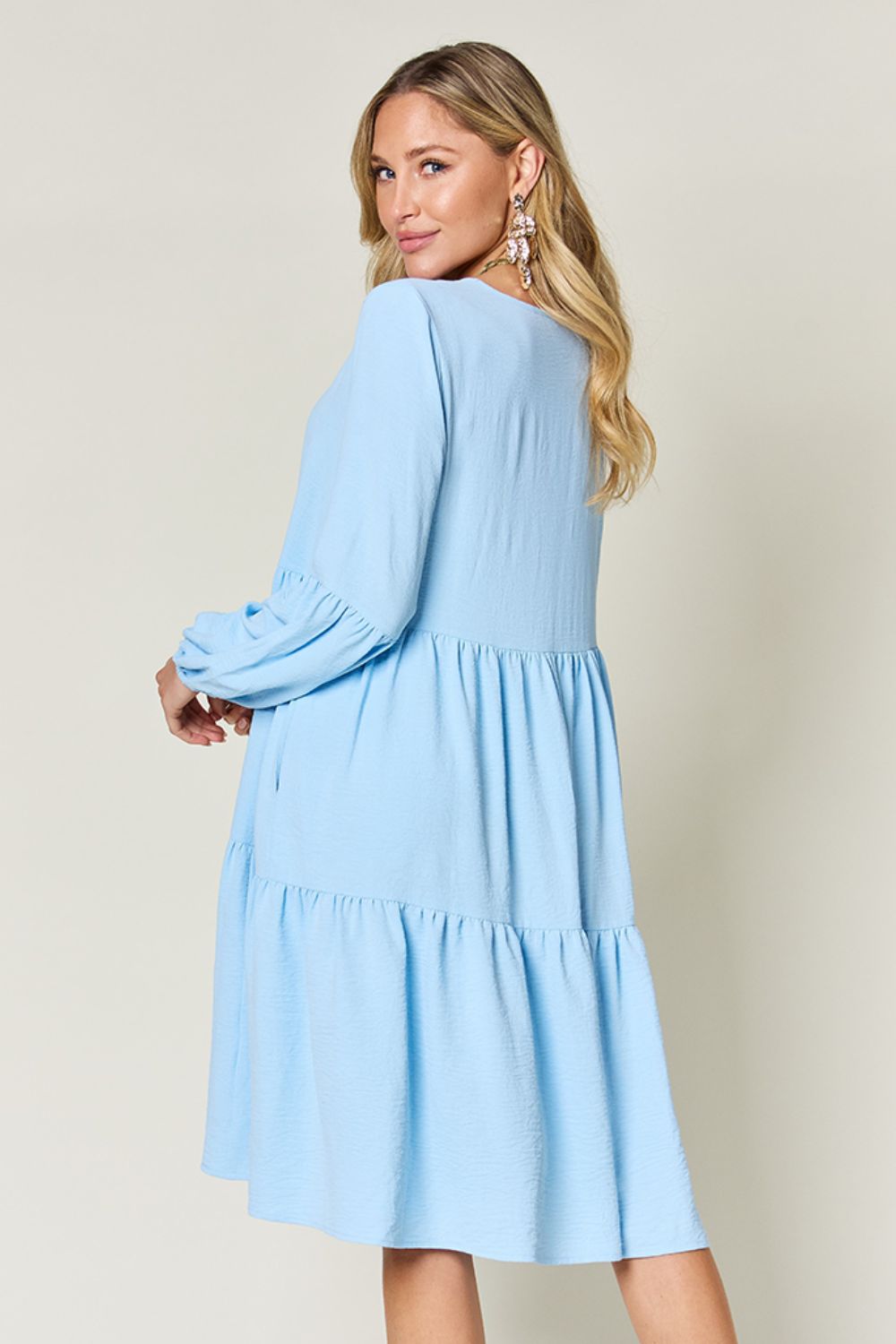 Double Take V-Neck Balloon Sleeve Tiered Dress with Pockets