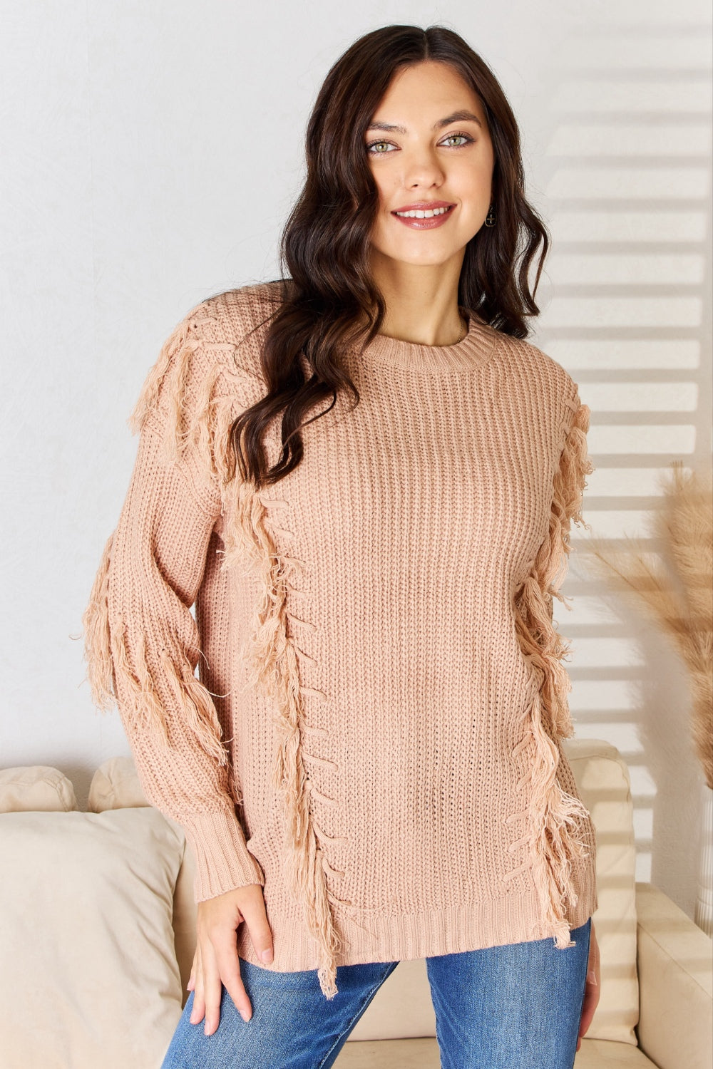 Dusty Pink Tassel Detail Long Sleeve Sweater