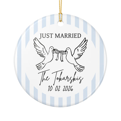 Just Married Personalized Ornament – Doves & Blue Stripes