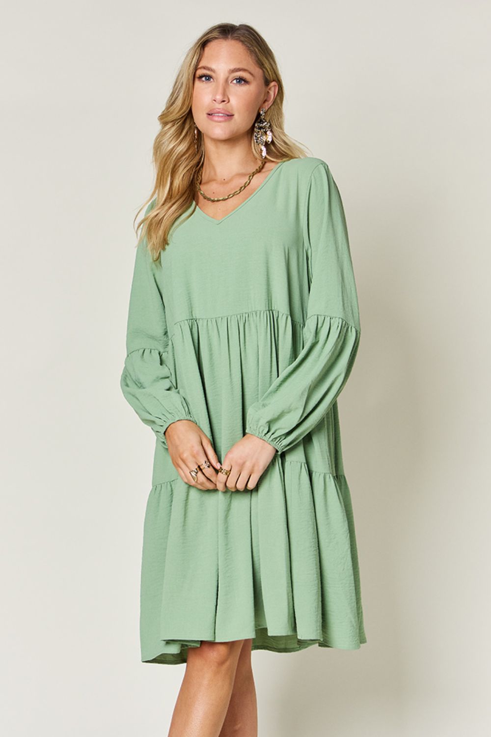 Double Take V-Neck Balloon Sleeve Tiered Dress with Pockets