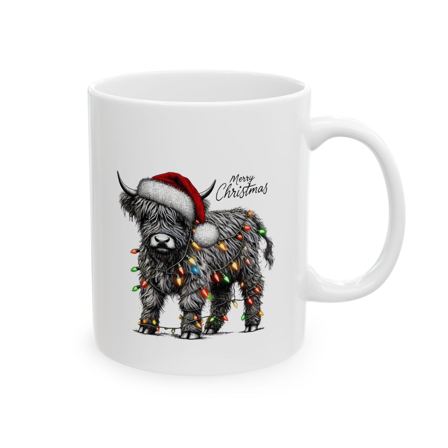 Merry Christmas Highland Cow Ceramic Mug, (11oz, 15oz)