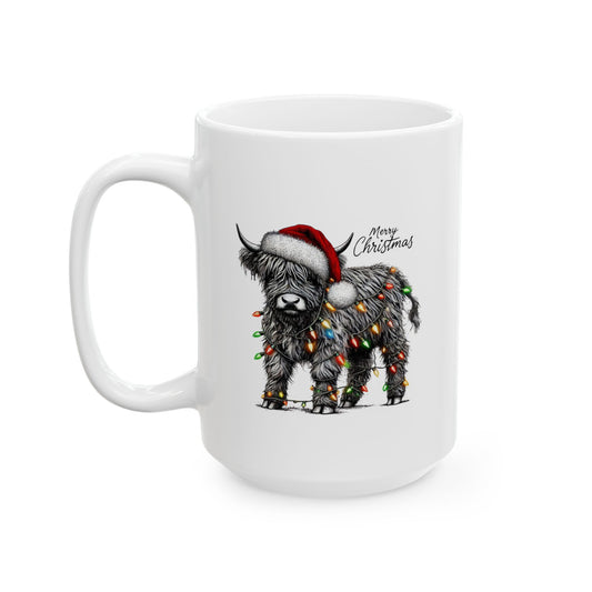 Merry Christmas Highland Cow Ceramic Mug, (11oz, 15oz)