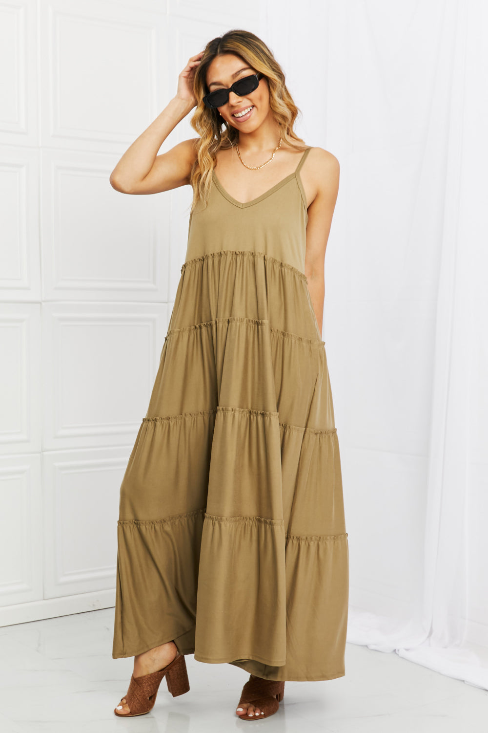 Zenana Spaghetti Strap Tiered Dress with Pockets in Khaki