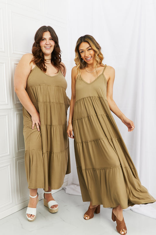 Zenana Spaghetti Strap Tiered Dress with Pockets in Khaki