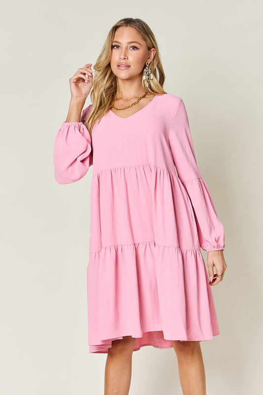 Double Take V-Neck Balloon Sleeve Tiered Dress with Pockets