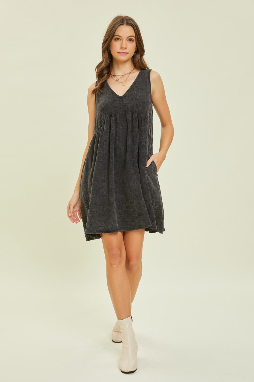 Heyson Texture V-Neck Sleeveless Flare Mini Dress