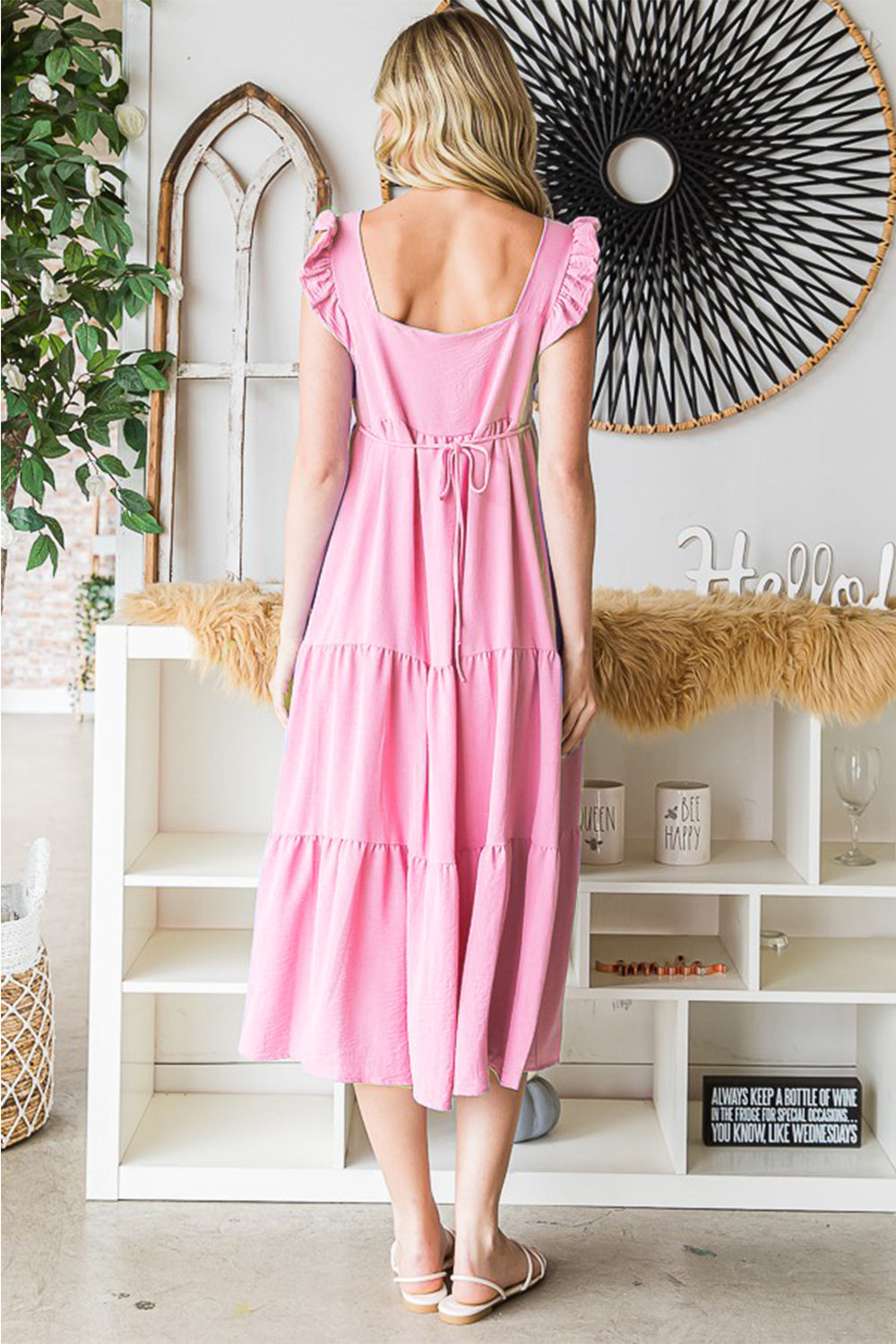 Bubble Pink Ruffled Sleeveless Tiered Midi Dress