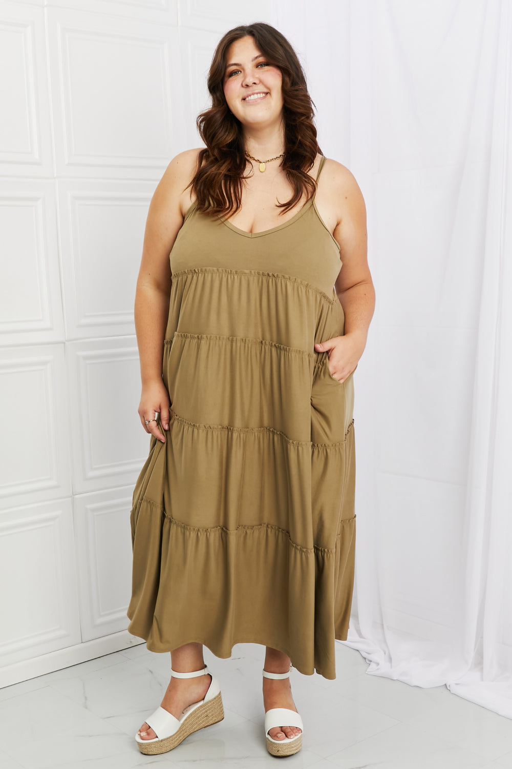 Zenana Spaghetti Strap Tiered Dress with Pockets in Khaki