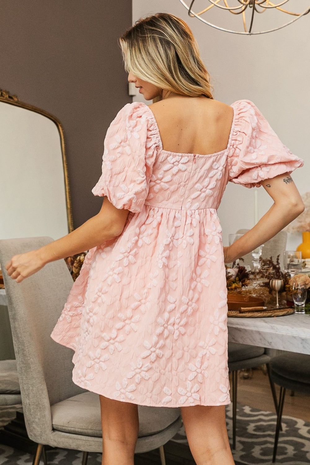 Flower Square Neck Puff Sleeve Dress