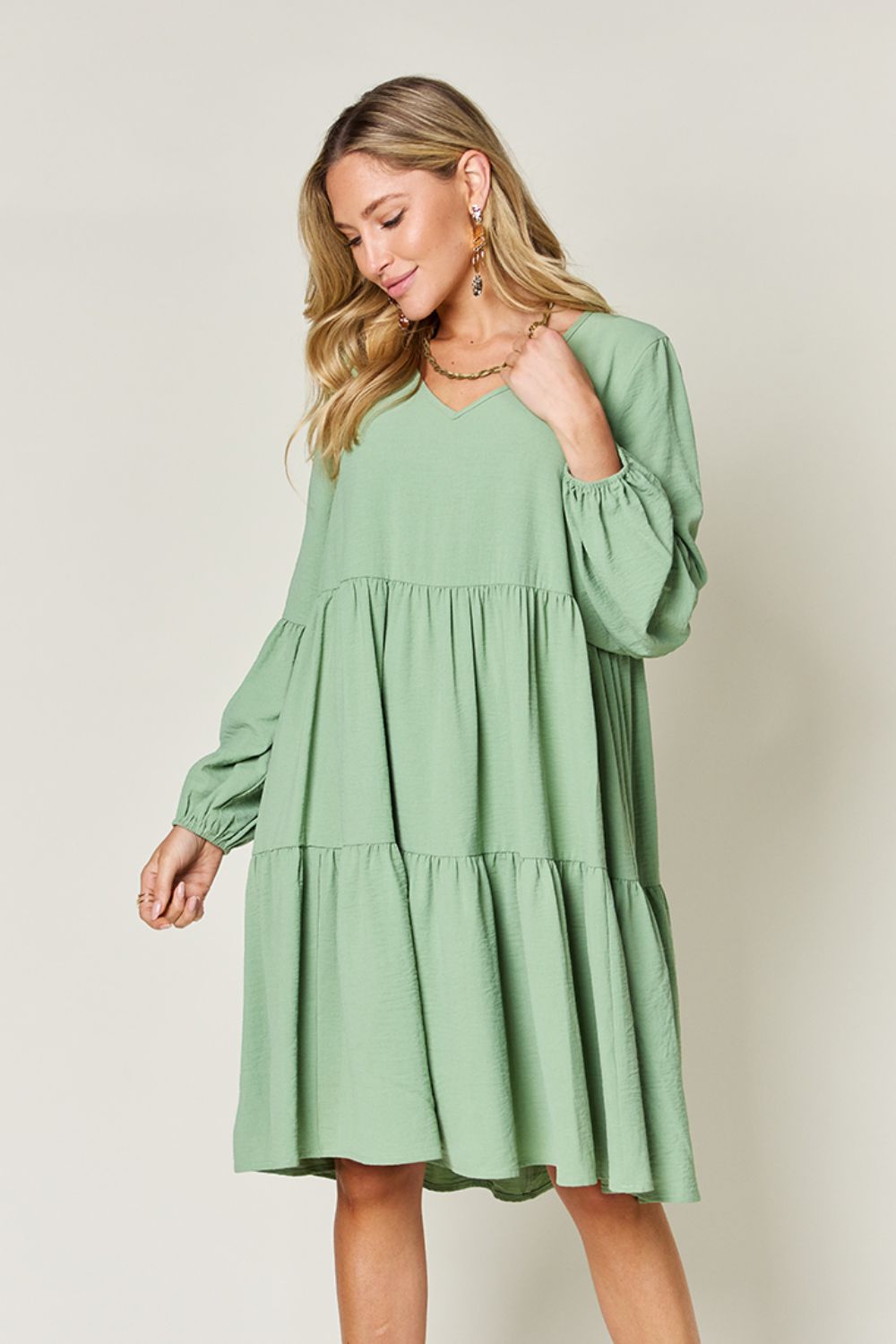 Double Take V-Neck Balloon Sleeve Tiered Dress with Pockets