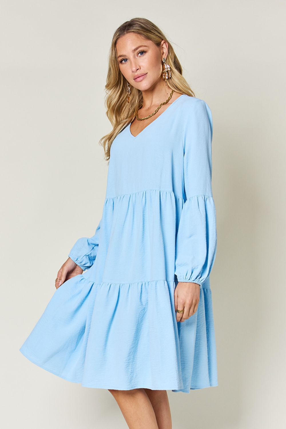 Double Take V-Neck Balloon Sleeve Tiered Dress with Pockets