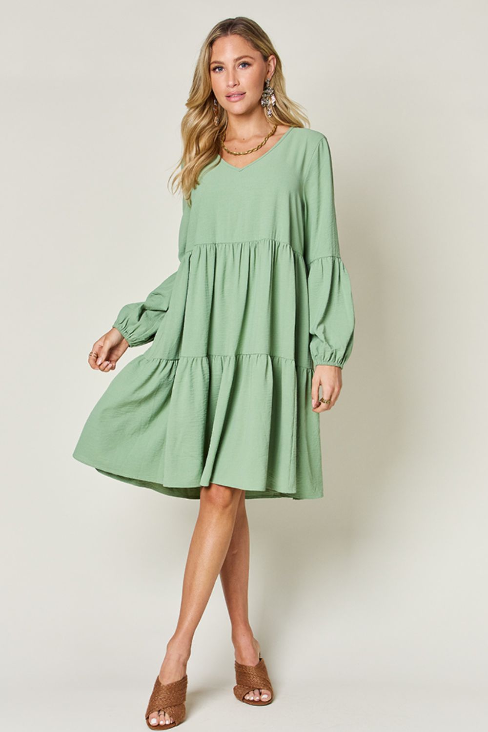 Double Take V-Neck Balloon Sleeve Tiered Dress with Pockets