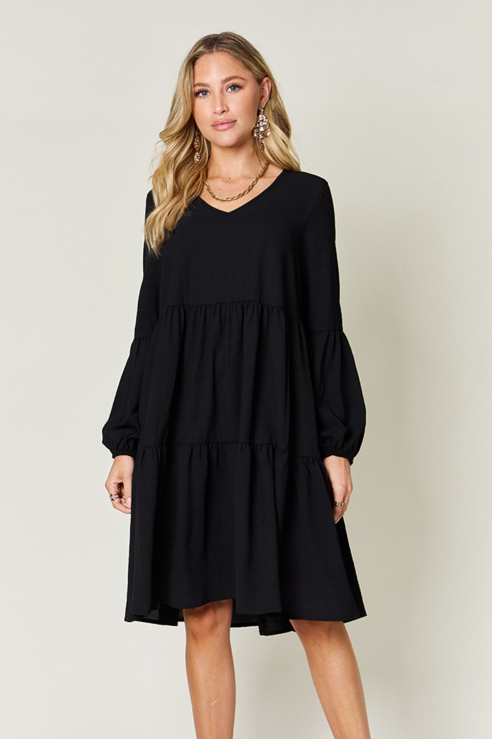 Double Take V-Neck Balloon Sleeve Tiered Dress with Pockets