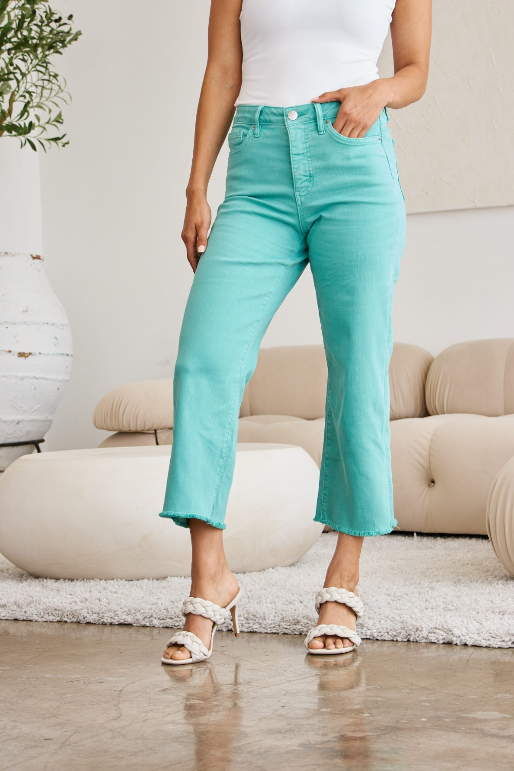 Island Green Crop Chloe Tummy Control High Waist Raw Hem Jeans