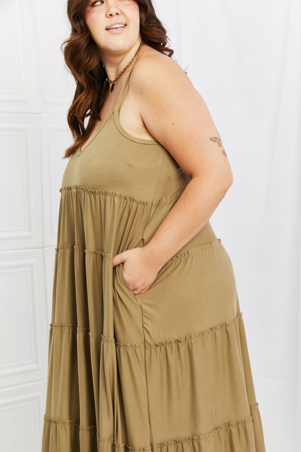 Zenana Spaghetti Strap Tiered Dress with Pockets in Khaki