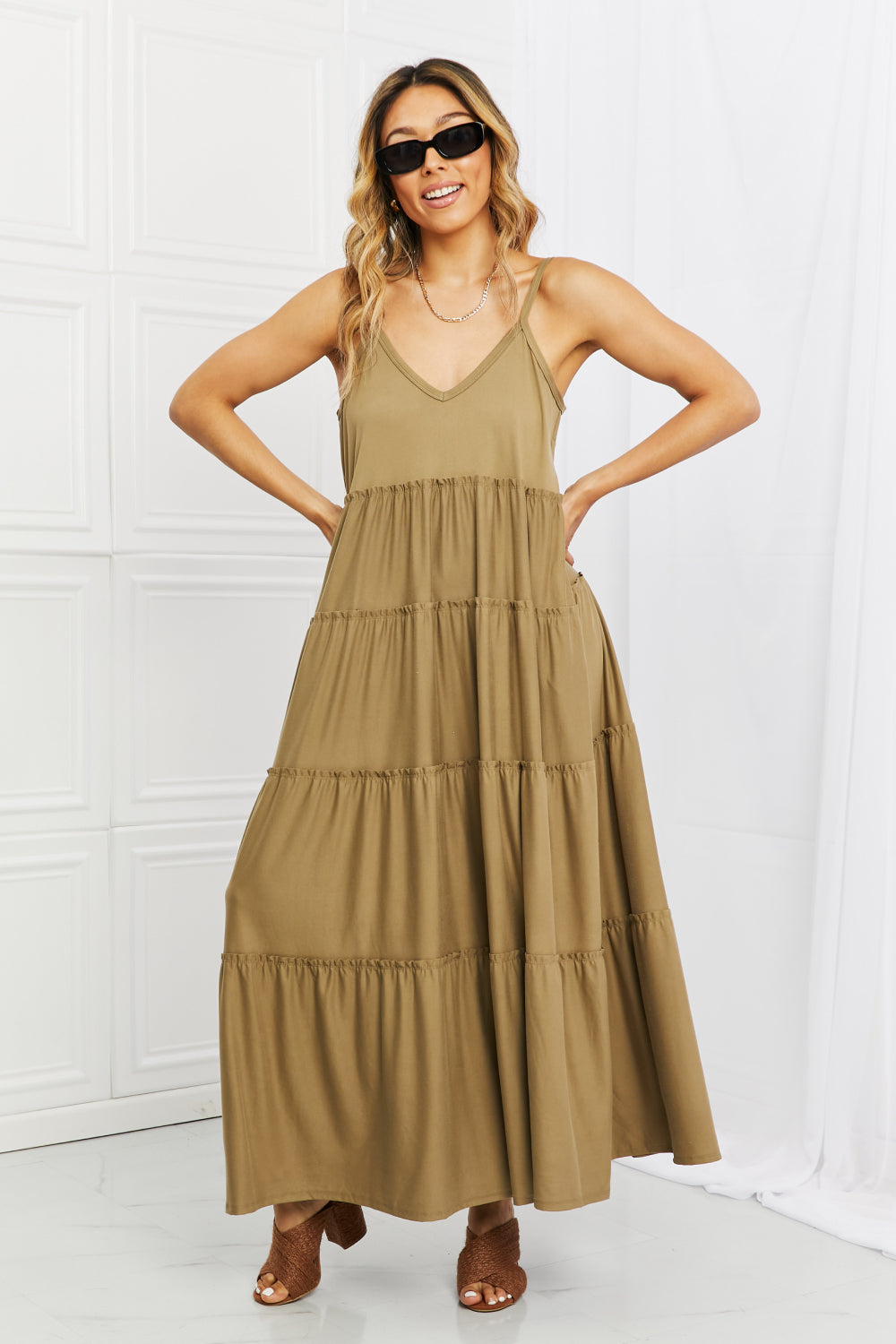 Zenana Spaghetti Strap Tiered Dress with Pockets in Khaki