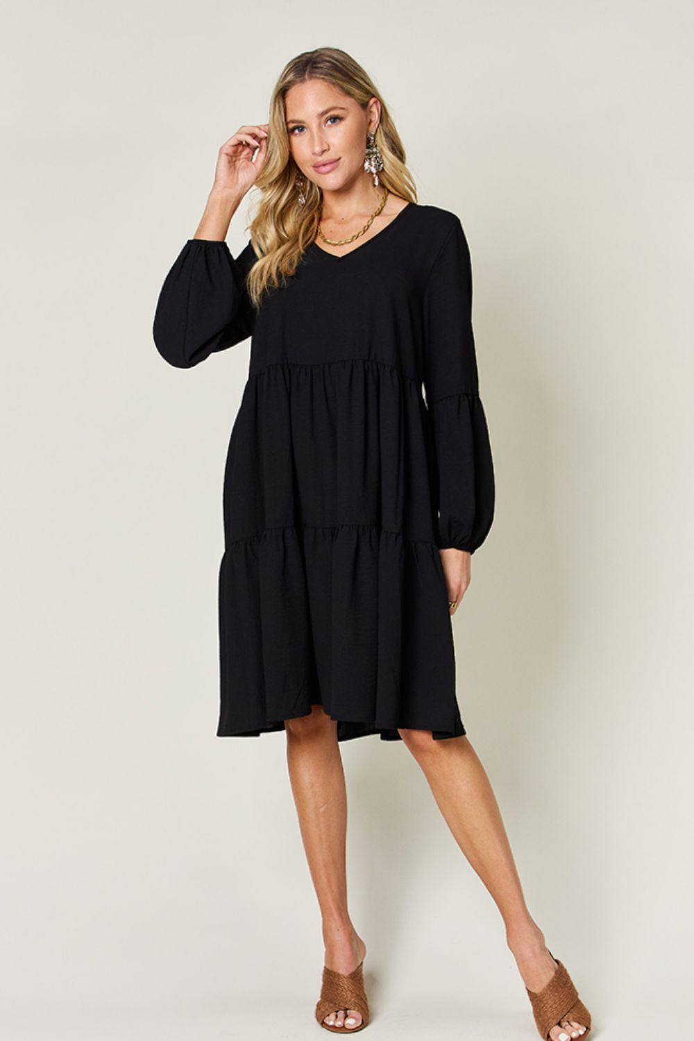 Double Take V-Neck Balloon Sleeve Tiered Dress with Pockets