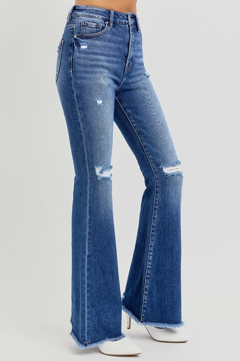 High Rise Distressed Raw Hem Flare Jeans