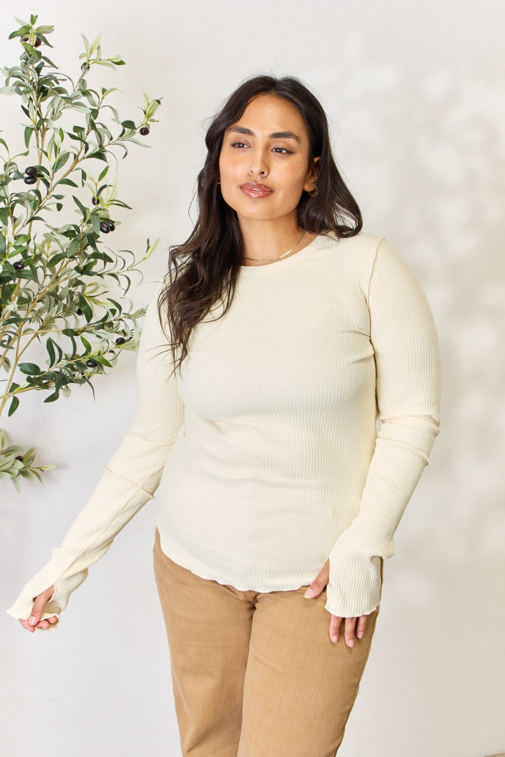 Ribbed Round Neck Long Sleeve Top