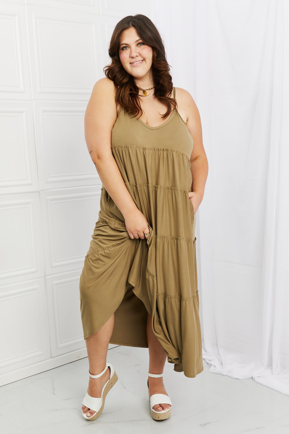 Zenana Spaghetti Strap Tiered Dress with Pockets in Khaki