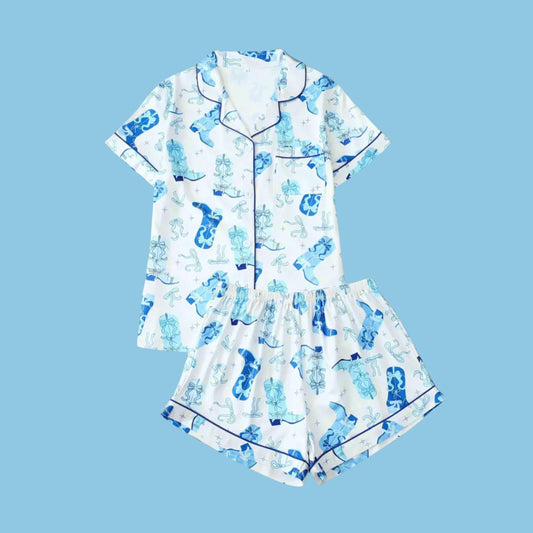 Blue Cowboy Print Short Sleeve Pajama Set | Pink Cowboy Print Short Sleeve Pajama Set | Western Pj Sets