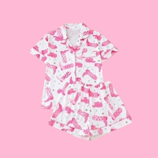 Pink Cowboy Print Short Sleeve Pajama Set