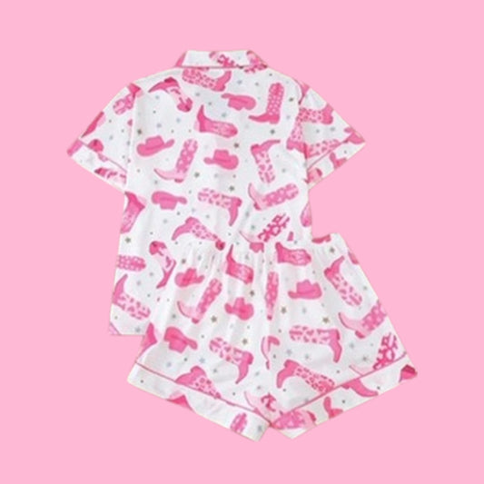 Pink Cowboy Print Short Sleeve Pajama Set